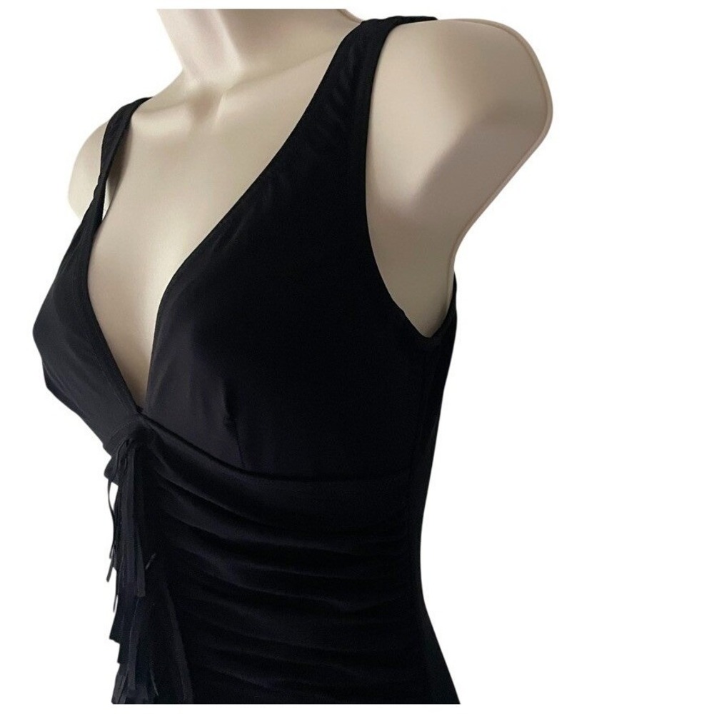 Karla Colletto Fresco Fringe Ruched V Neck One Piece Swimsuit Black Size 8 - Picture 2 of 11